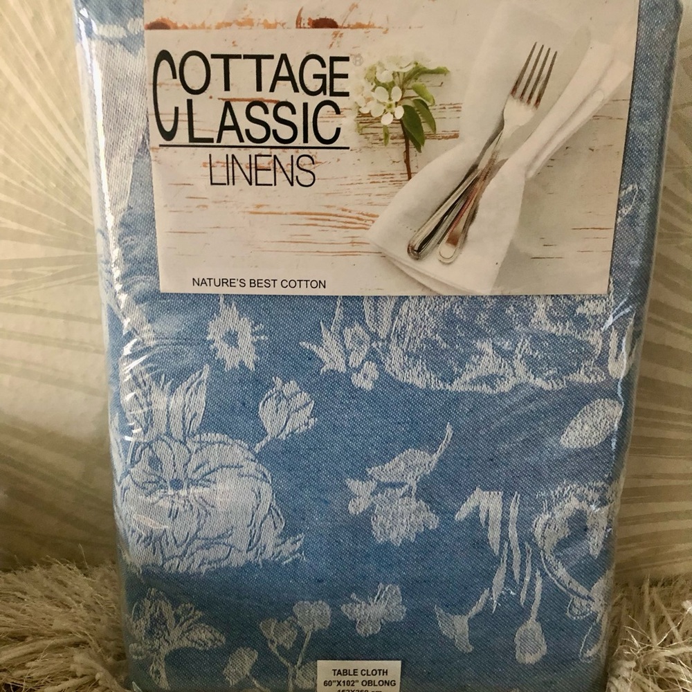 Easter Bunny Cottagecore Jacquard Blue Tablecloth Table Linen 60"x102"